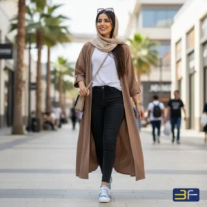 فتاة محجبة تمشي في مركز تجاري مرتدية حذاء سنيكرز سماوي من 3F مع جينز أسود وعباءة بيج