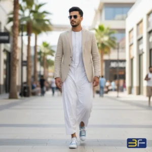 شاب يمشي في مركز تجاري مرتدياً حذاء سنيكرز سماوي من 3F مع ثوب أبيض وبليزر بيج