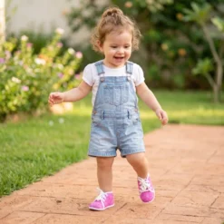 طفلة صغيرة تمشي بخطواتها الأولى بحذاء كانفاس وردي من 3F